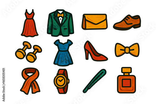 Colorful fashion and accessories icons: dresses, shoes, and more in doodle style