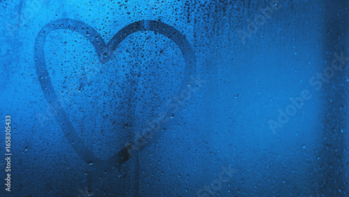 Wallpaper Mural Heart shape is drawn on wet foggy bathroom glass. Romantic and emotional. Droplets water and cool blue tones evoke feelings of love and solitude. Torontodigital.ca