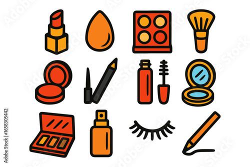 Colorful makeup icons: graphic set featuring lipstick, eyeliner, eyeshadow, and more