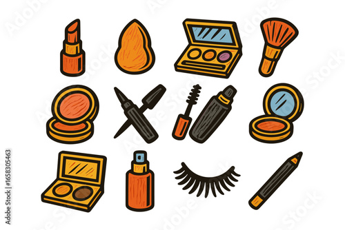 Hand-drawn makeup elements set: lipstick, eyeshadow, mascara, brushes, and more