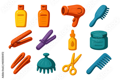 Colorful hair styling tools set on white background