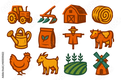 Rustic farm icons collection: tractor, scarecrow, and livestock in bold style
