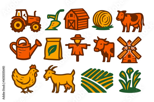 Colorful farm elements collection featuring animals and agriculture icons