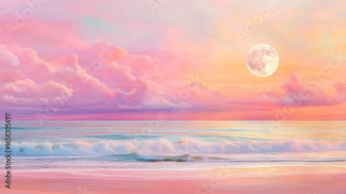 Gentle waves reflect soft pink hues at sunset, with a full moon rising over the calm ocean in a peaceful beach scene