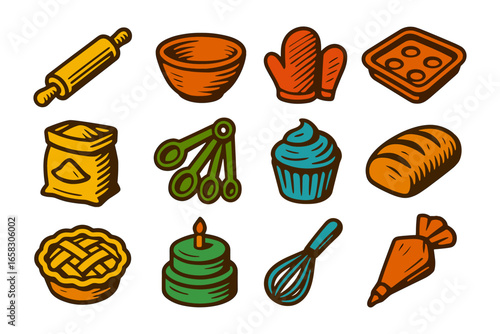 Colorful hand drawn baking tools and desserts collection