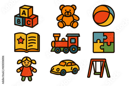 Vibrant playtime icons featuring toys and children’s activities in a bold outline style