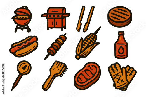 Barbecue icons set: grilled food and cooking utensils in hand-drawn style