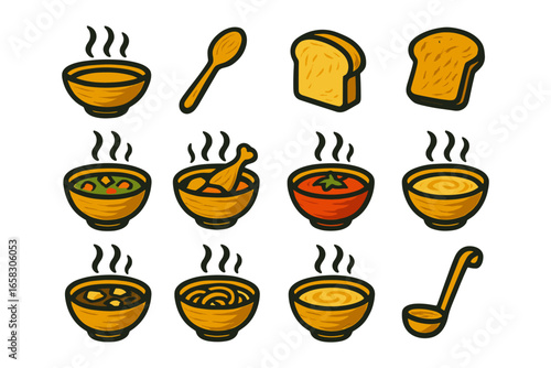 Cozy food icons: soup, bread, and ladle hand drawn collection