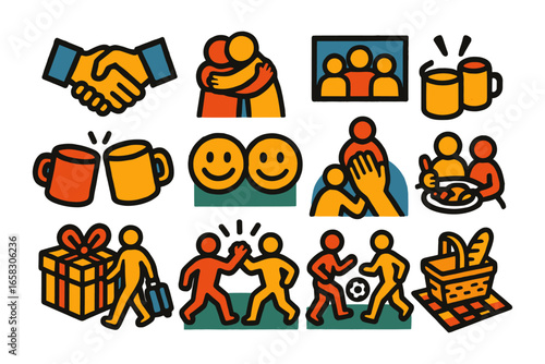 Colorful icons of social interaction and community activities
