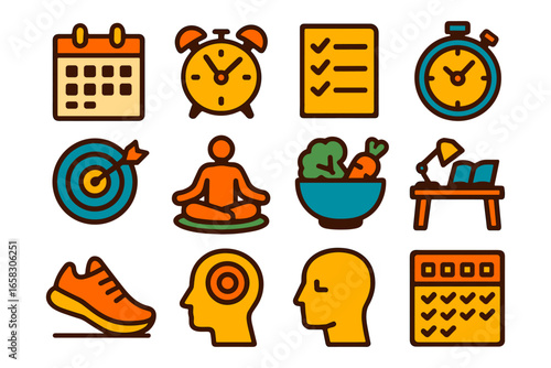 Colorful outline icons: time management, wellness, productivity