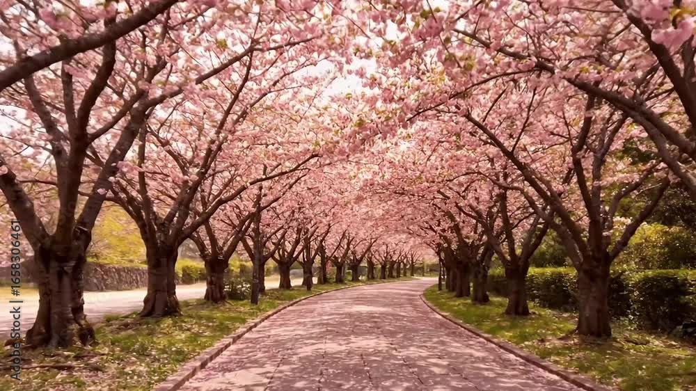 Cherry blossom lined path trees frame a stone walkway with pink petals Cherry blossom lined path trees frame a stone walkway with pink petals