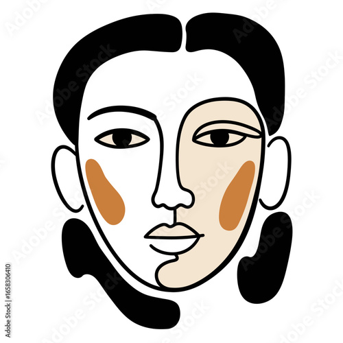 Abstract minimalist face illustration with bold lines and earthy tones, celebrating individuality and modern art.