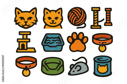 Colorful cat care icons collection for pet owners and animal lovers