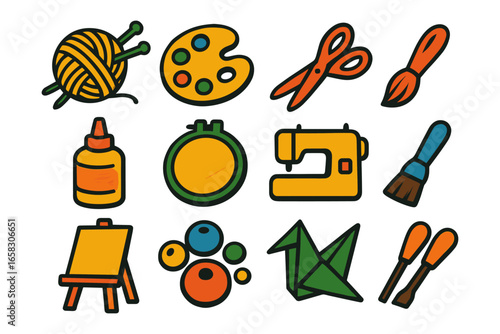 Colorful crafting icons set: yarn, paint, scissors, sewing machine, origami
