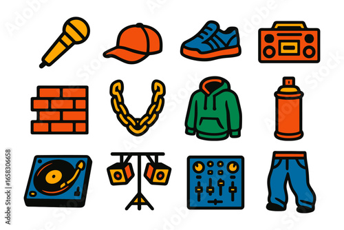 Urban hip hop icons set: microphone, sneakers, boombox, graffiti, dj, fashion