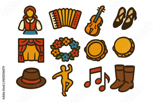 Traditional folk music and dance icons in flat style