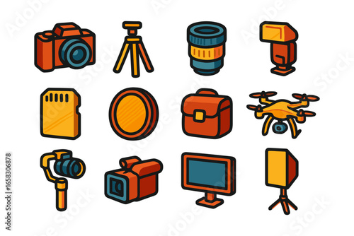 Colorful flat icon set of photography and video equipment