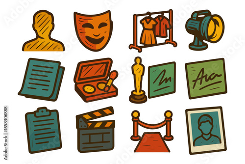 Theater and film icons set: awards, makeup, and masks in hand-drawn style