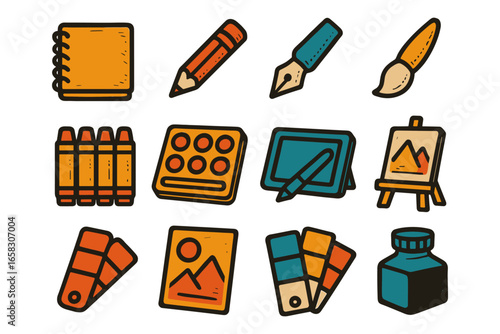 Creative art tools collection with flat style design elements