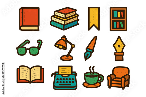 Vintage literary icons: books, lamps, and typewriter in flat style