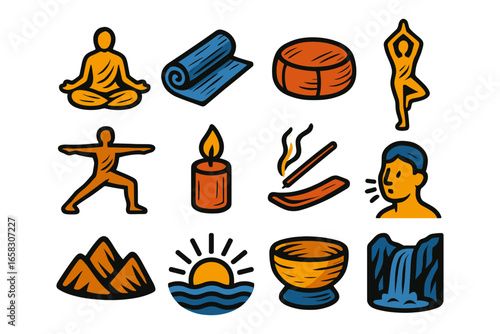 Colorful yoga and meditation icons set for wellness designs