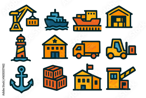 Colorful icons of shipping and logistics: crane, ship, warehouse, lighthouse, and more