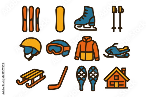 Winter sports equipment icons: skiing, snowboarding, ice skating gear collection
