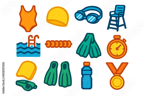 Colorful swimming gear set: swimwear, accessories, and equipment icons in flat style