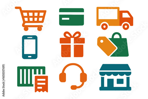 Colorful e-commerce icons set for online shopping and delivery