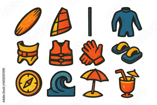 Colorful beach equipment set: surfboard, wetsuit, life vest, umbrella, and more