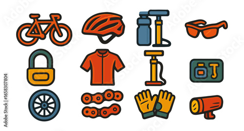 Cycling gear icons set featuring helmets, gloves, and accessories in bold colorful style