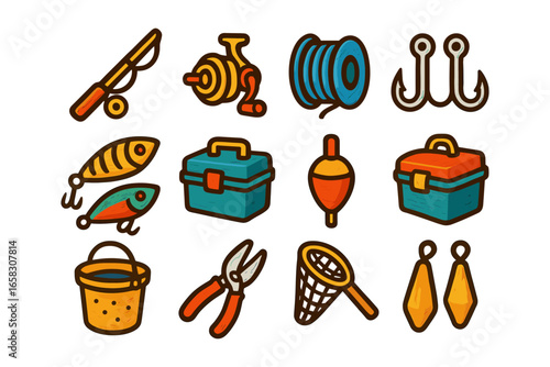 Set of cartoon fishing gear icons with tackle box and accessories
