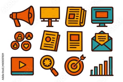 Colorful media and marketing icons with bold outline for digital and print applications
