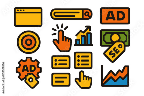 Digital marketing icons set featuring seo, analytics, and advertising symbols in flat design