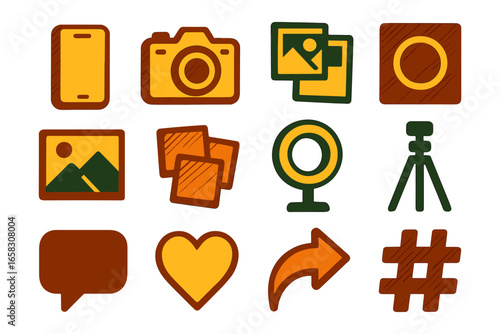 Colorful hand drawn photography and social media icons set