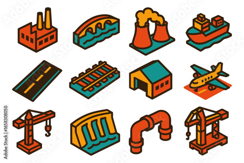 Isometric industrial icons set featuring factories, transportation, and infrastructure