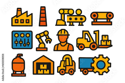 Industrial icon set: factory, machinery, worker, and transportation in flat style