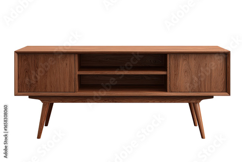 Light brown wooden TV stand with two doors and shelves