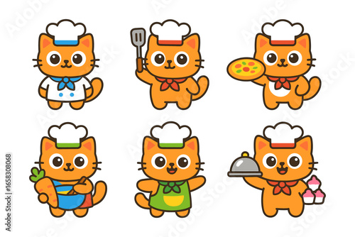 Cute chef cats in cartoon outfits cooking with fun