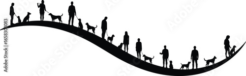 Dog walker silhouettes, rhythmic pattern, black vector, wavy path, leash walking, pet activity, human figures, white background, repetition