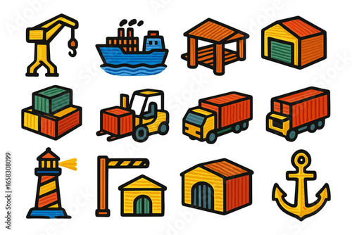 Colorful maritime and cargo icons set featuring ships, warehouses, and machinery in doodle style