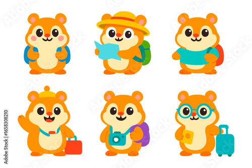 Cute cartoon hamsters on vacation with backpacks and travel accessories