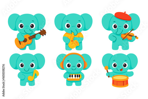 Cute cartoon elephants playing musical instruments on a white background