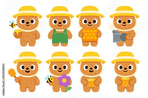 Cute cartoon bears in yellow hats with beekeeping tools and honey elements