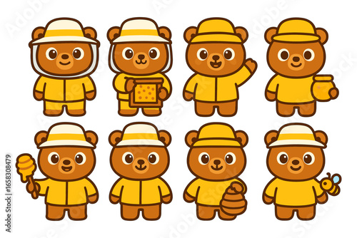 Cute cartoon bears in beekeeper outfits holding honey and beekeeping tools