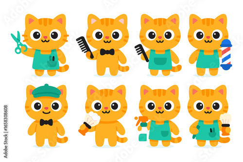 Charming cartoon cat barber characters with tools in cute flat design