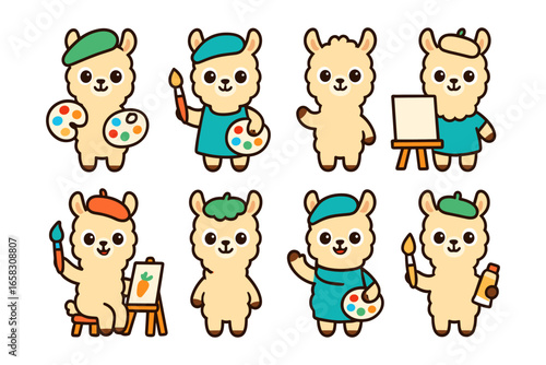 Cute cartoon llama artists with paintbrushes and easels in creative outfits