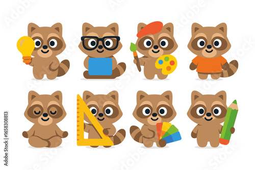 Cute cartoon raccoons in various professions and hobbies for kids