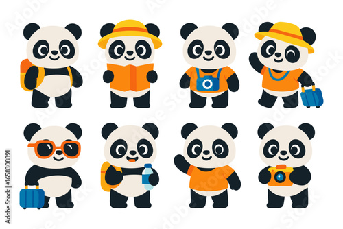 Cute travel pandas: adorable cartoon characters with luggage and cameras