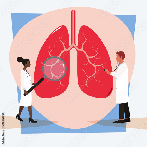 Medical examination of the lungs. A doctor listens to the lungs with a stethoscope, while another doctor examines them with a magnifying glass. Flat style.